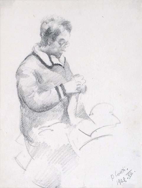 Primo Conti, a seated woman sewing